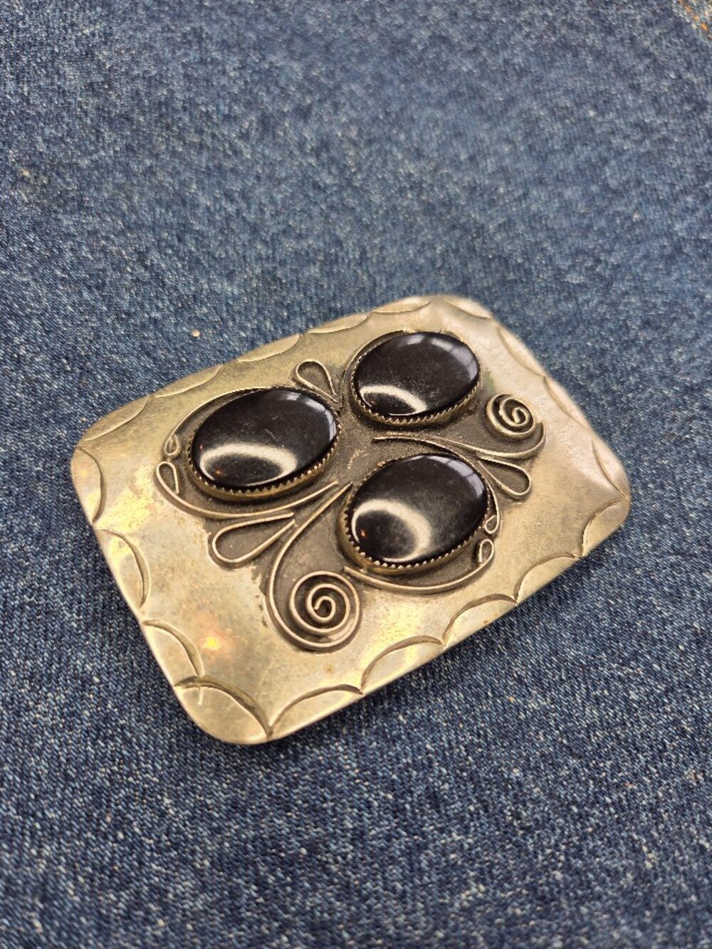 Handmade, Vintage - Arizona Silversmiths German Silver And Onyx Belt Buckle